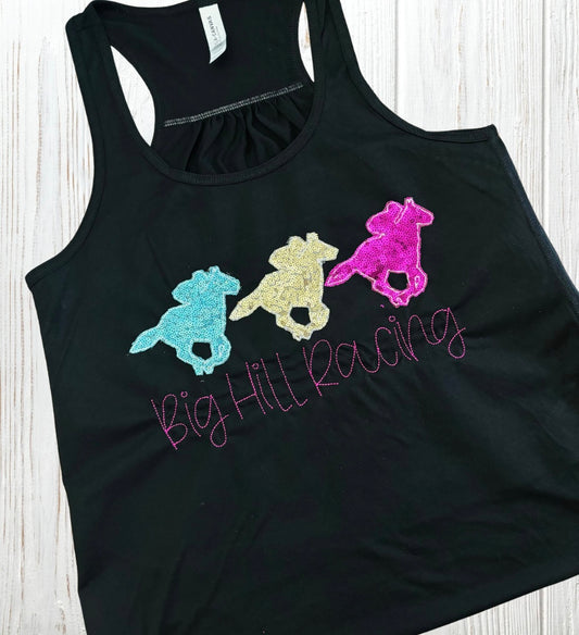 PRE-ORDER SEQUIN RACE HORSE FLOWY TANK