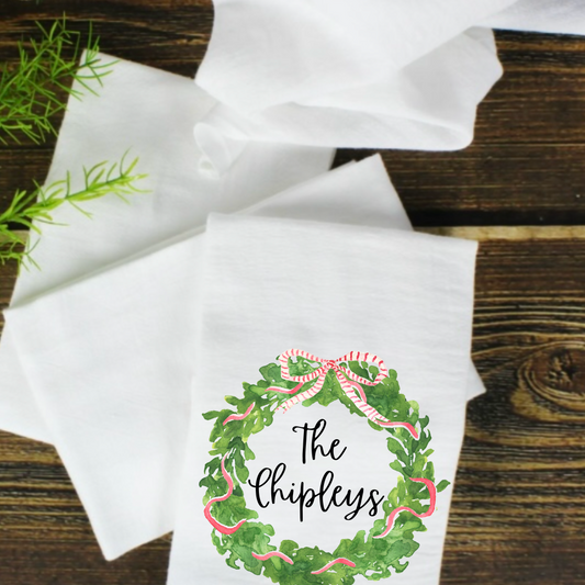 CUSTOM NAME CHRISTMAS WREATH TEA TOWEL