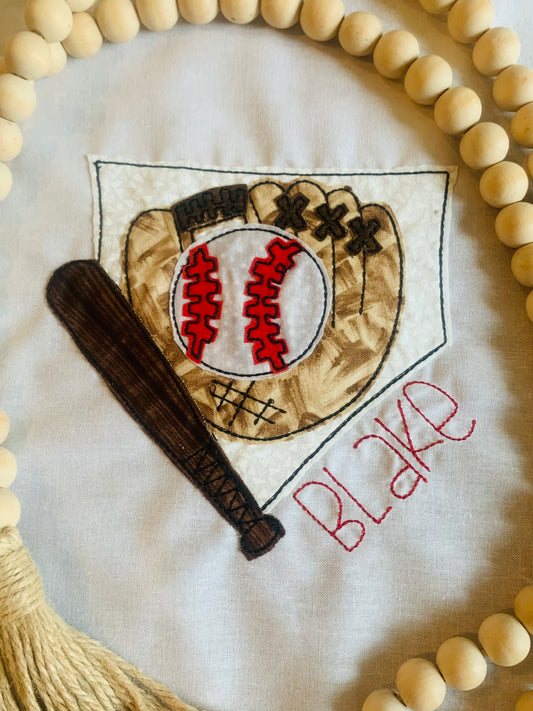 BOYS BASEBALL GLOVE BALL AND BAT APPLIQUÉ DESIGN TEE