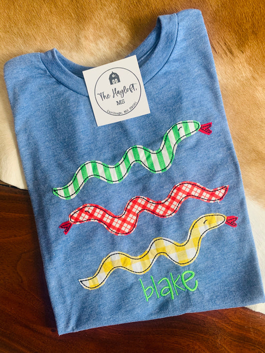 BOYS SILLY SNAKE TEE ON BLUE BELLA CANVAS