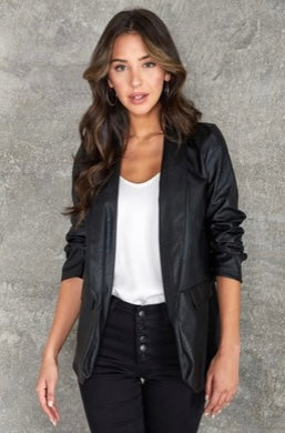 BLACK FAUX LEATHER BLAZER