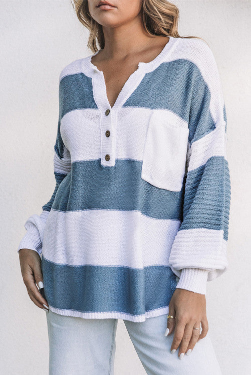 DENIM AND WHITE STRIPE KNIT PULLOVER