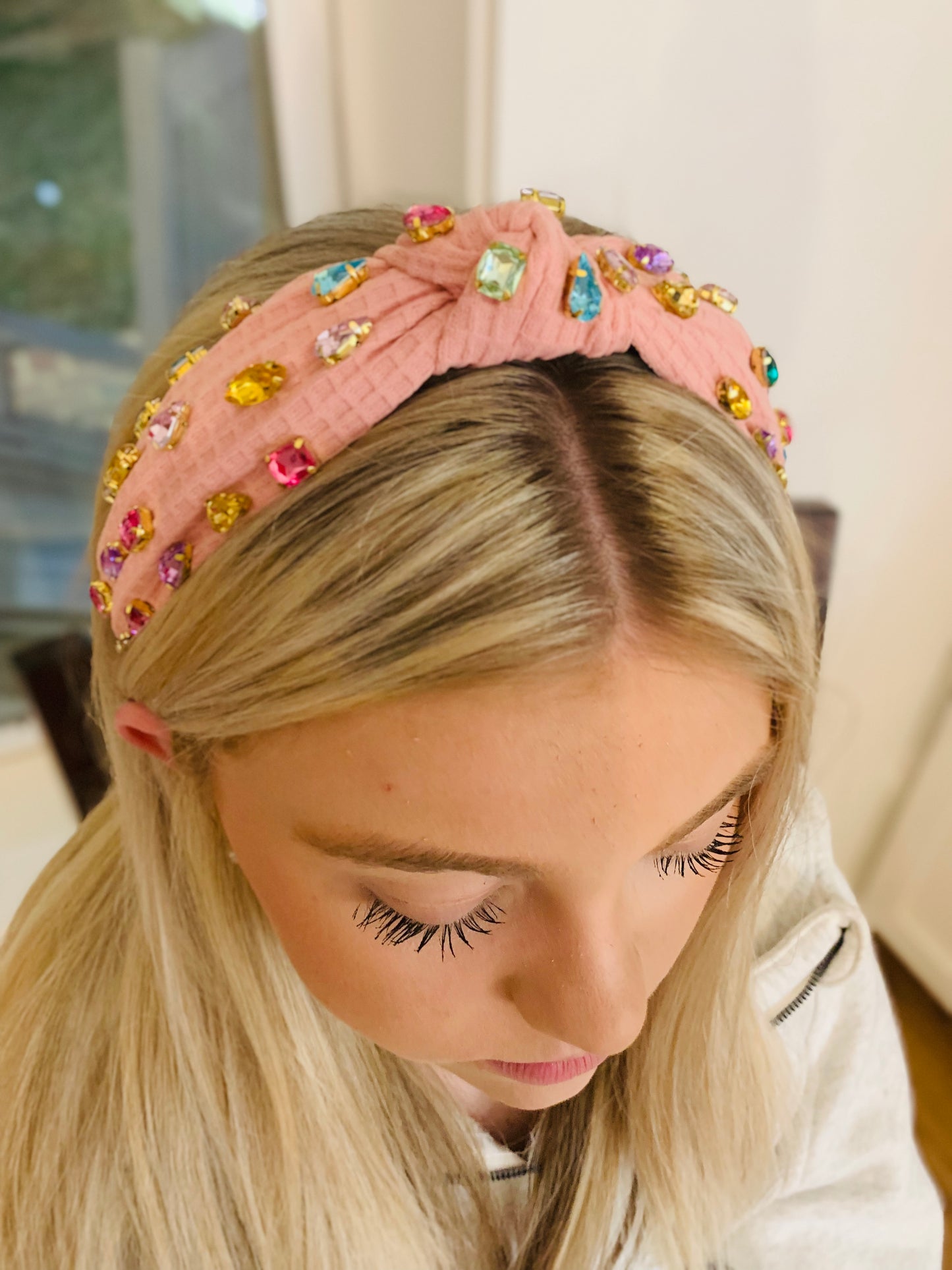 PINK WAFFLE KNIT RHINESTONE HEADBAND