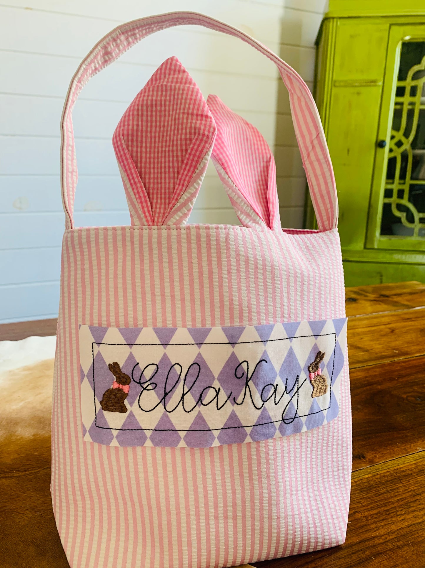 MONOGRAMMED PINK EASTER SEERSUCKER BASKET