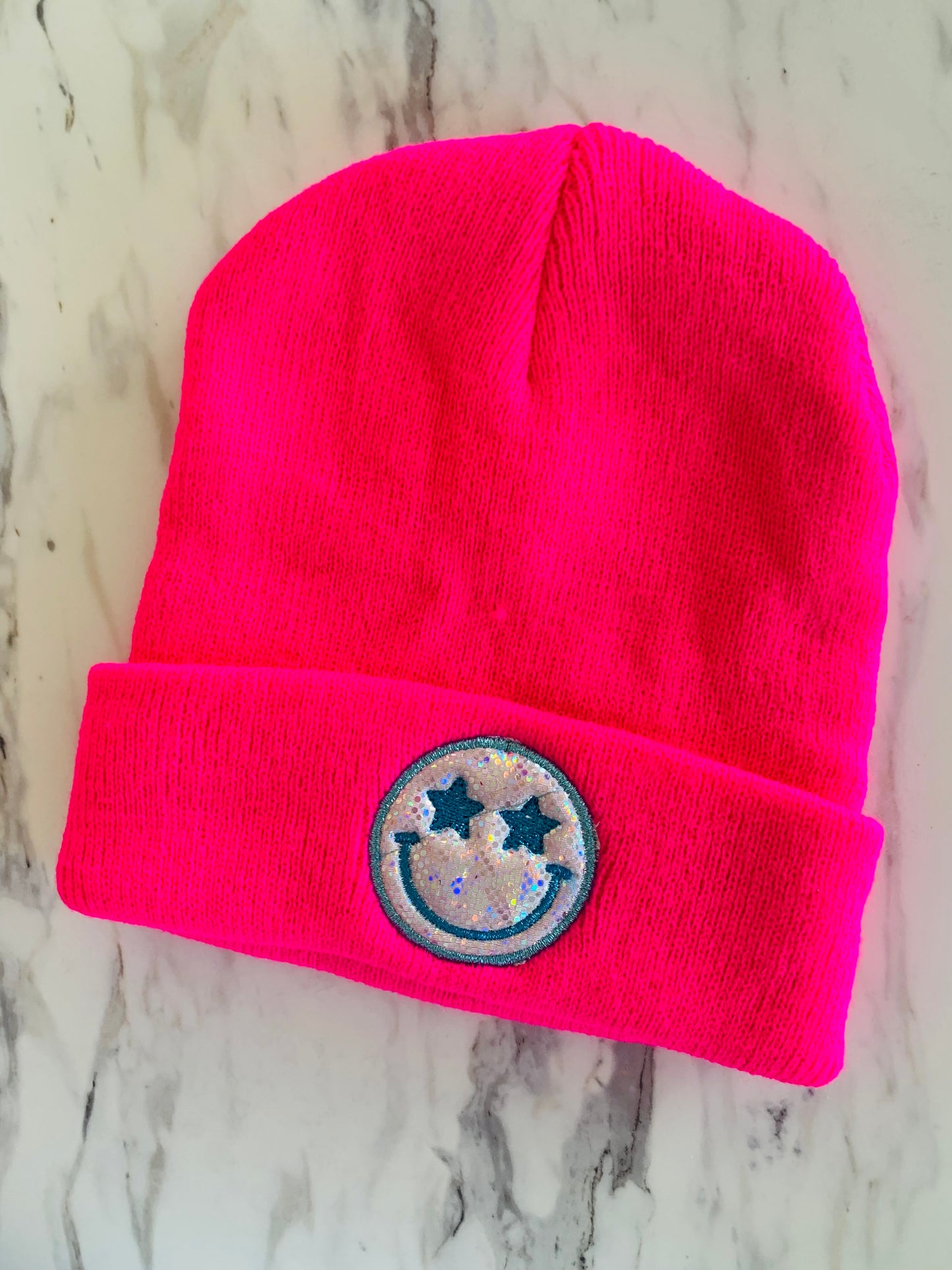 HOT PINK BEANIE WITH HOLOGRAPHIC SMILEY FACE