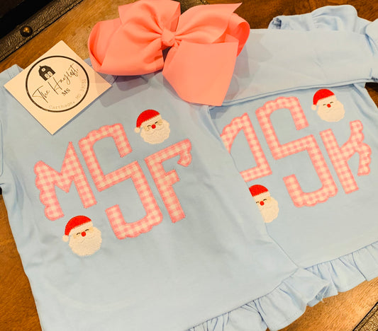 SCALLOPED MONOGRAM TEE WITH SANTAS