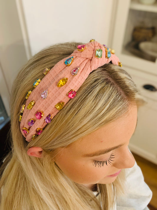 PINK WAFFLE KNIT RHINESTONE HEADBAND