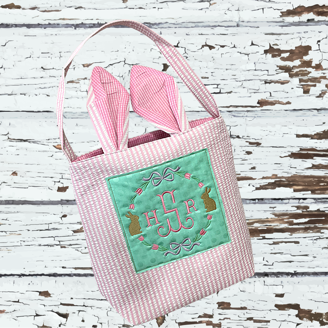 PINK SEERSUCKER EASTER BASKET WITH FRAME MONOGRAM