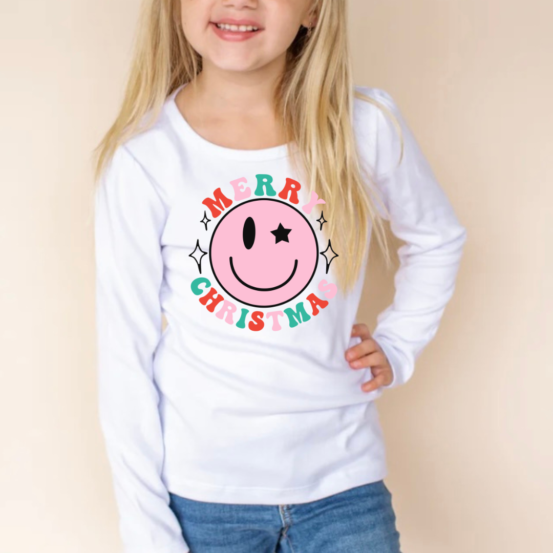 SMILEY FACE MERRY CHRISTMAS  LONG SLEEVE/SHORT SLEEVE