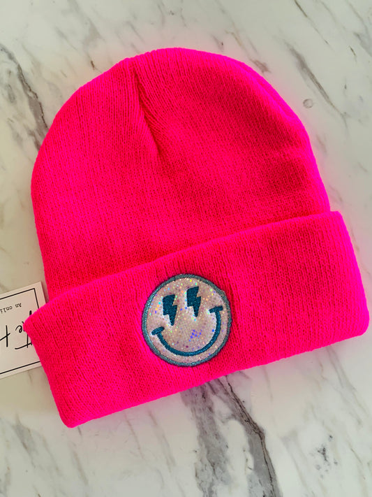 HOT PINK BEANIE WITH HOLOGRAPHIC SMILEY FACE