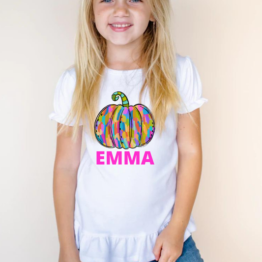 GIRLS COLORFUL PUMPKIN NAME TEE