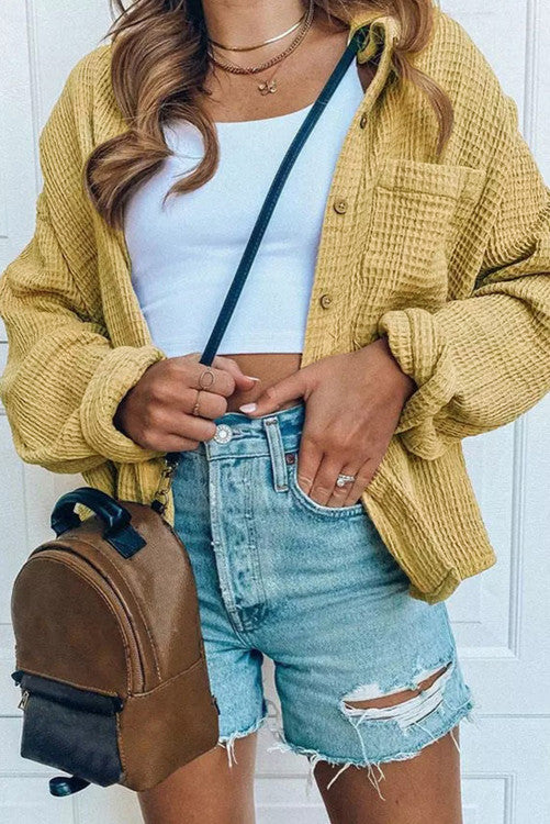 WAFFLE KNIT MUSTARD BUTTON SHIRT