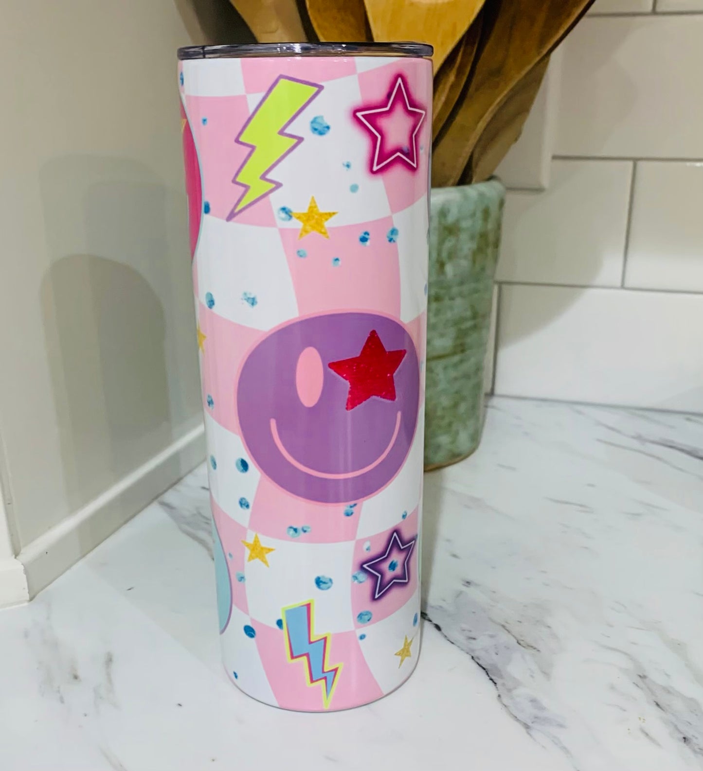 SMILEY FACE/ BABY PINK CHECK 20oz SKINNY TUMBLER