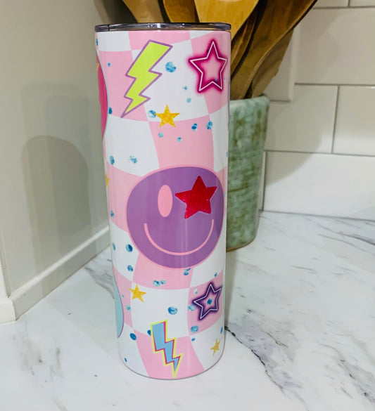 SMILEY FACE/ BABY PINK CHECK 20oz SKINNY TUMBLER