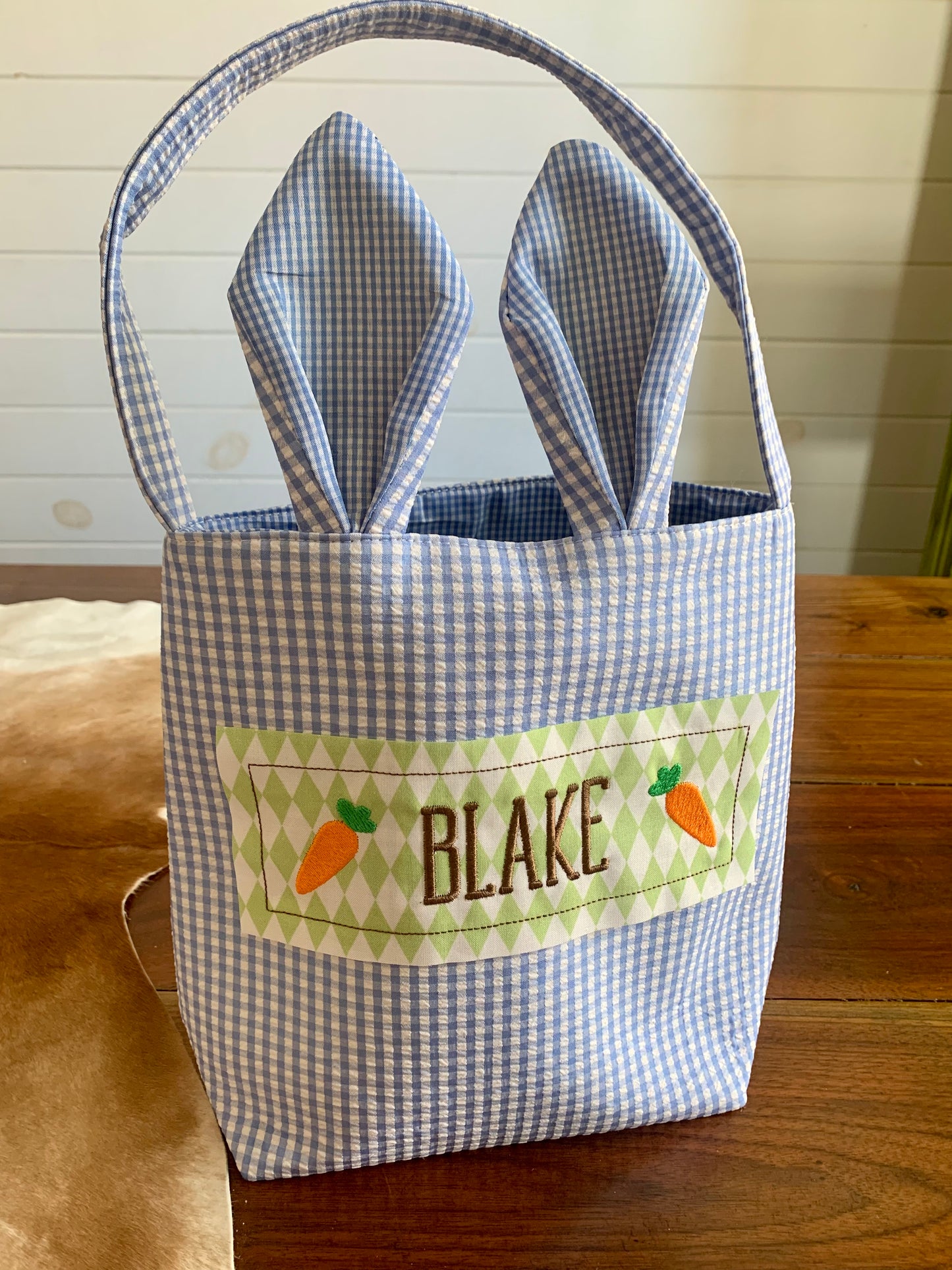 MONOGRAMMED BLUE SEERSUCKER EASTER BASKET