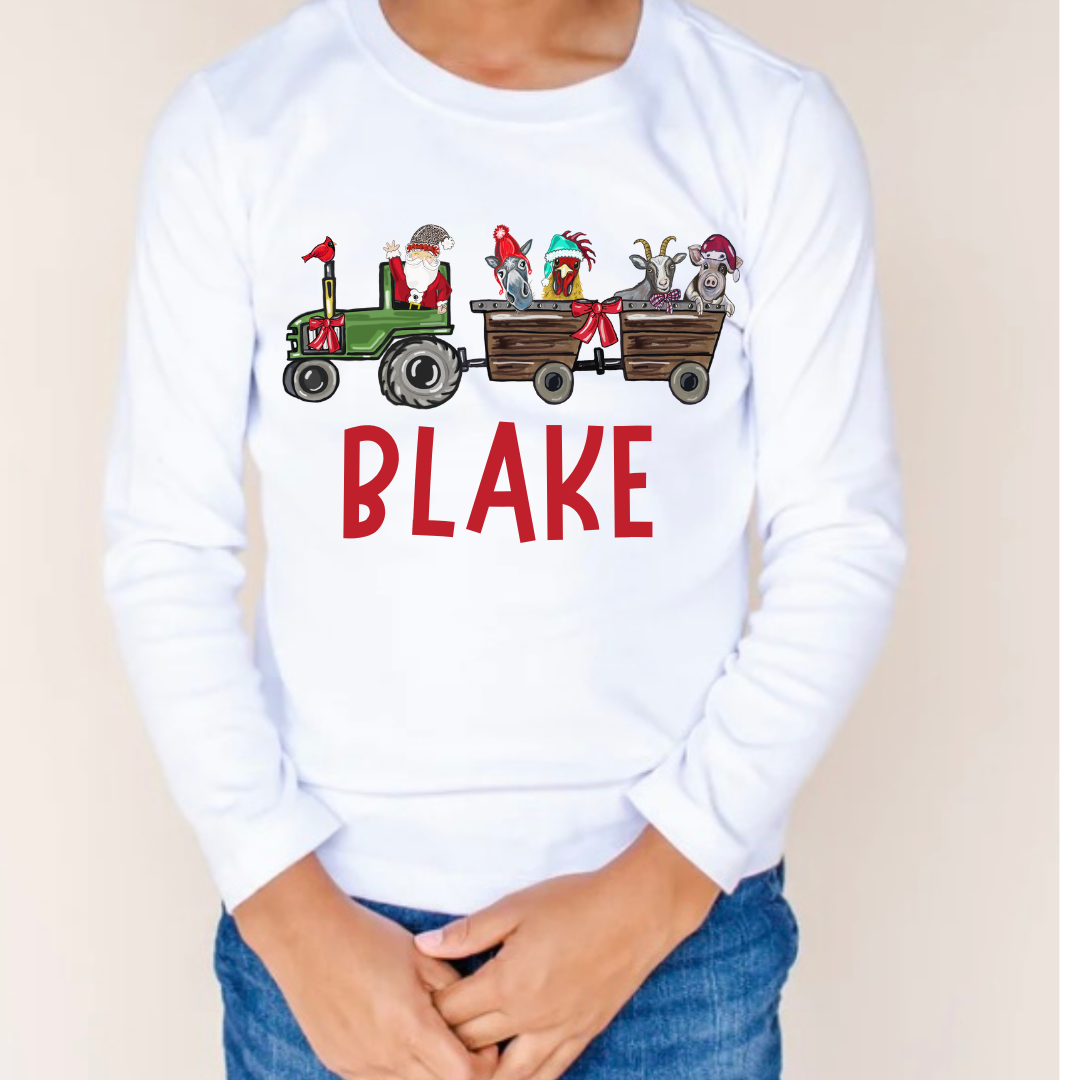 SANTA TRACTOR WITH FARM ANIMALS LONG SLEEVE/SHORT SLEEVE