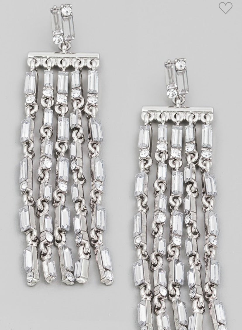 SILVER RHINESTONE CHAIN FRINGE EARRINGS