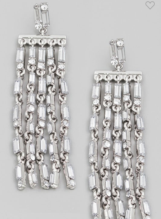 SILVER RHINESTONE CHAIN FRINGE EARRINGS